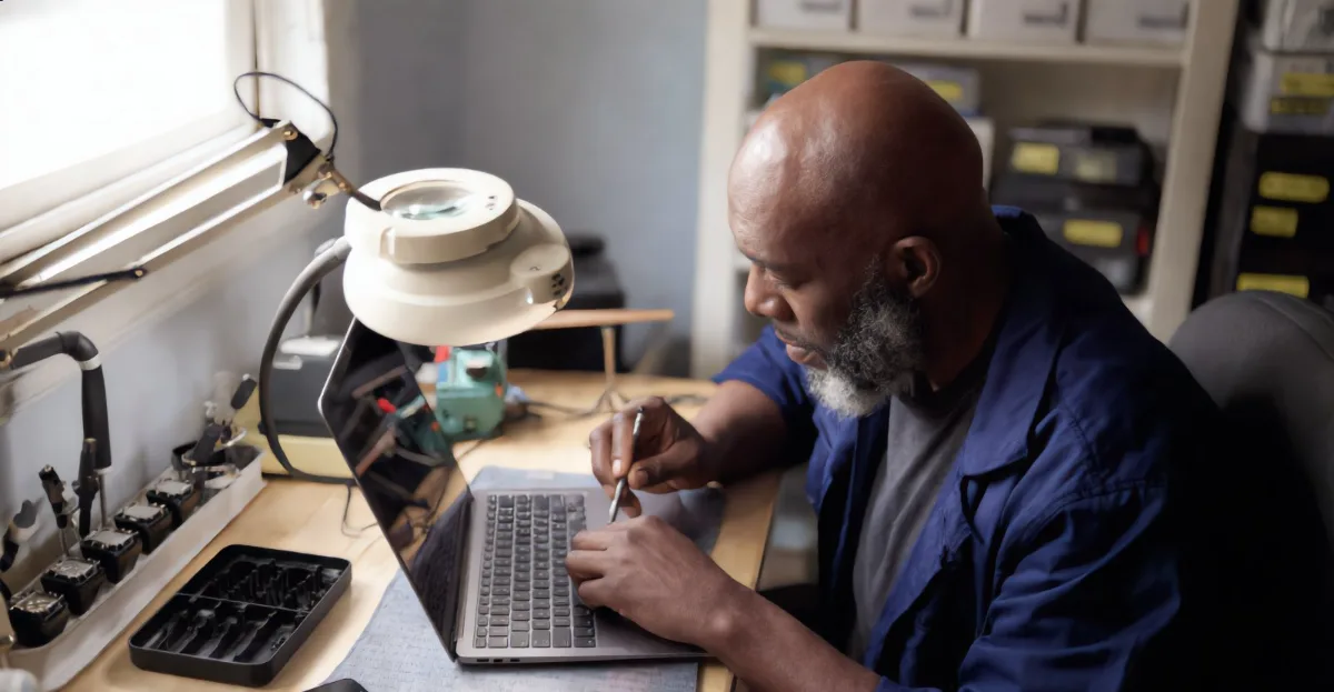 Brian repairing a laptop at his electronics workbench